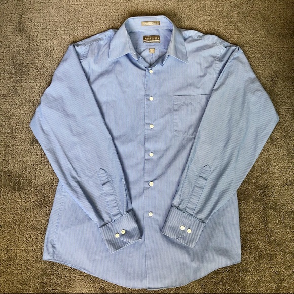 Van Heusen Men’s Fitted Blue & White Stripe Button Down Shirt WrinkleFree 15 1/2 - Picture 2 of 6